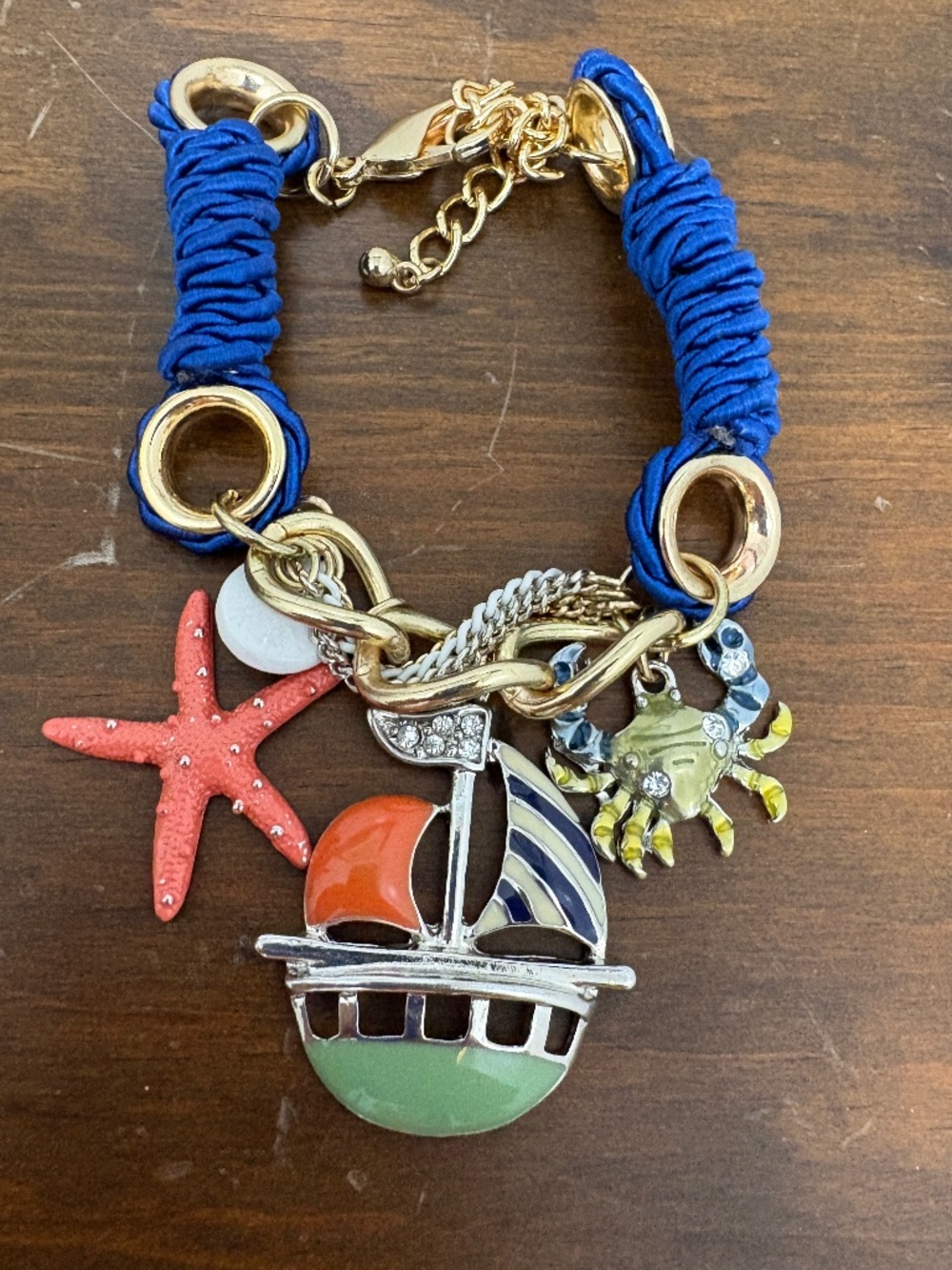 Blue Rope Bracelet w/ Charms Gold & Silver Tone Starfish Sailboat Crab Nautical